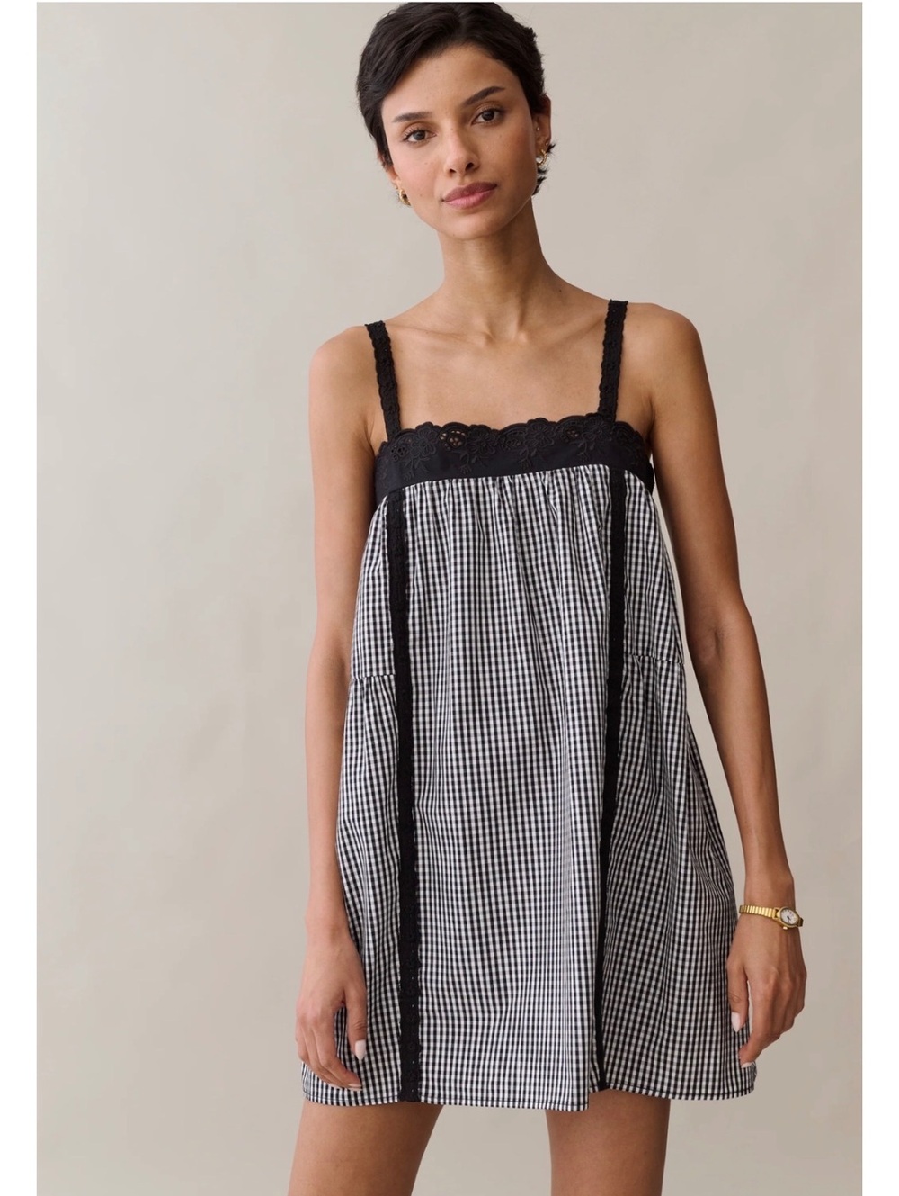NWT Kourt by Few Moda Florence Cotton Mini Dress Size Large Black Gingham